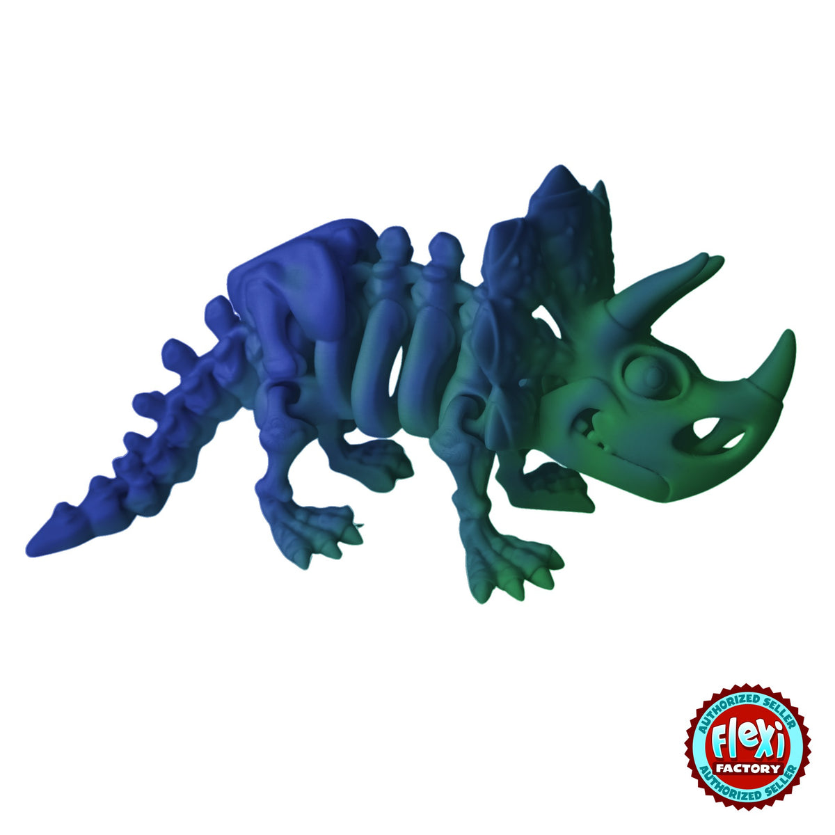 Flexible Skeleton Triceratops 3D printed by RU3D – blue and green dual colour silk finish
