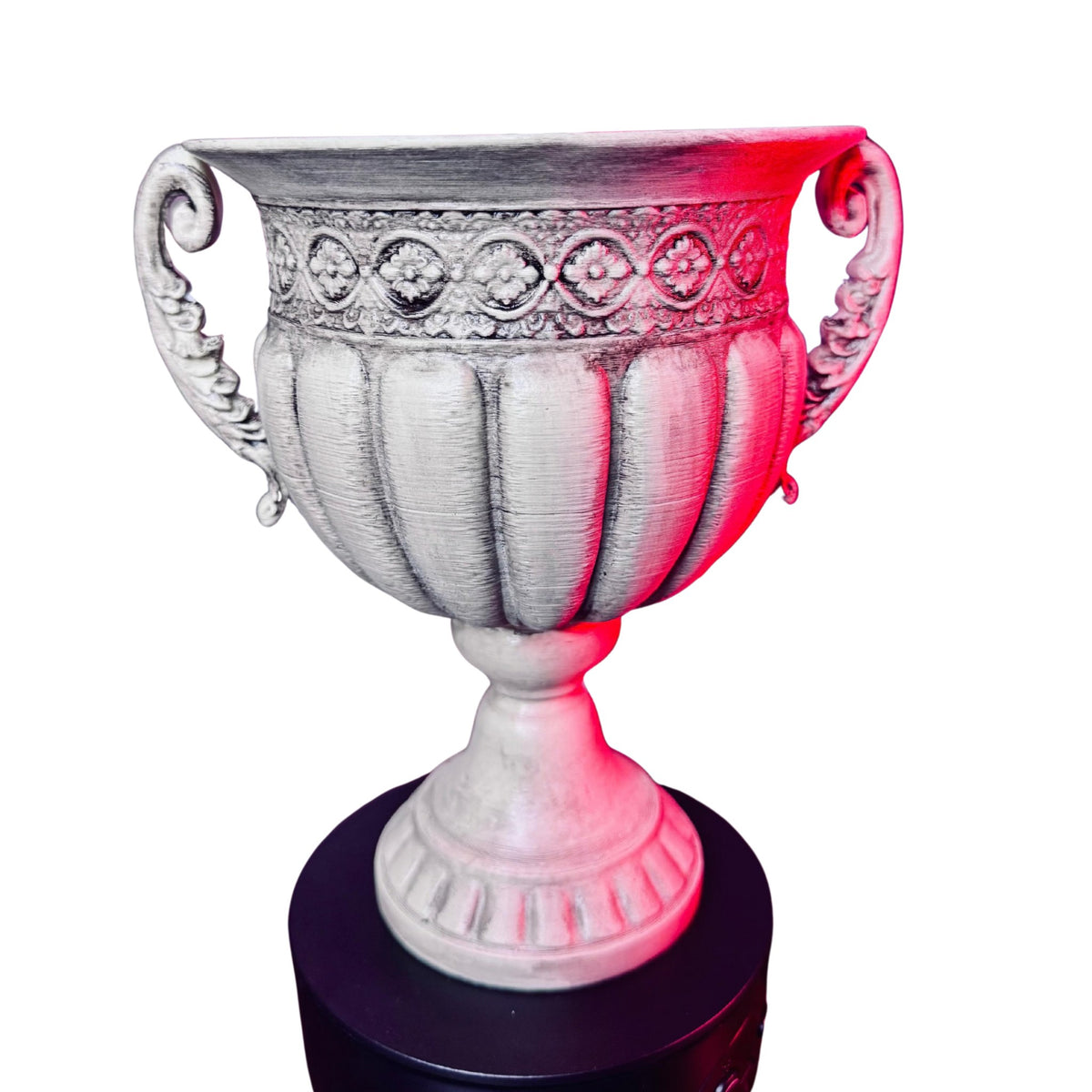 Greek urn trophy cup by RU3D on a display stand, weathered stone finish