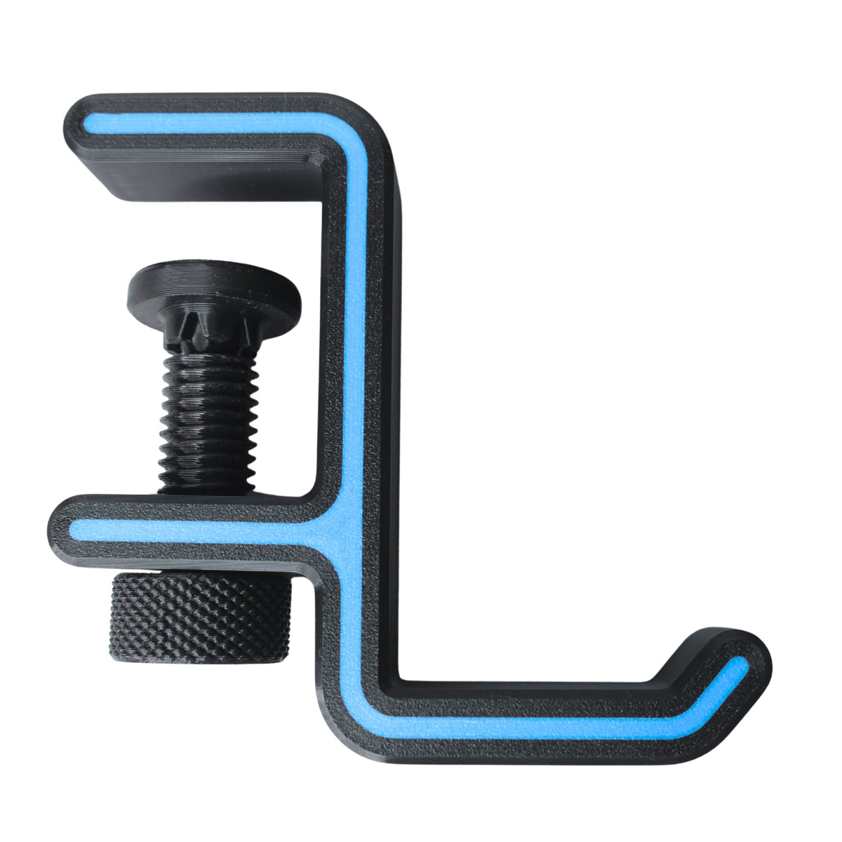 Headphone Hanger with Desk Clamp 3D printed by RU3D – black with blue accent