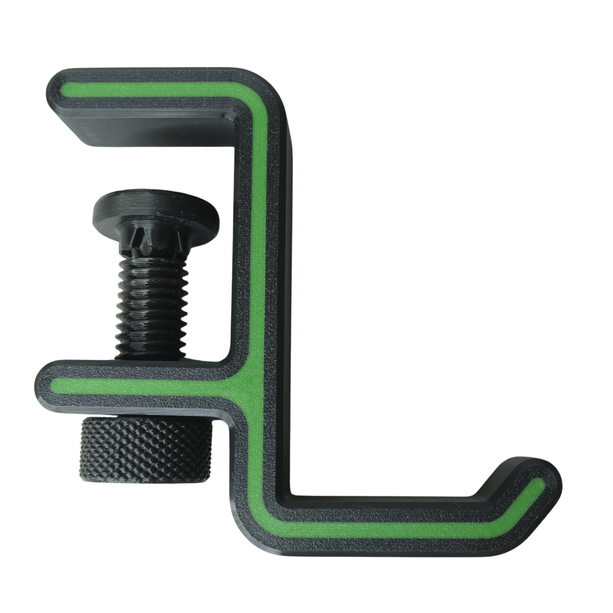 Headphone Hanger with Desk Clamp 3D printed by RU3D – black with green accent