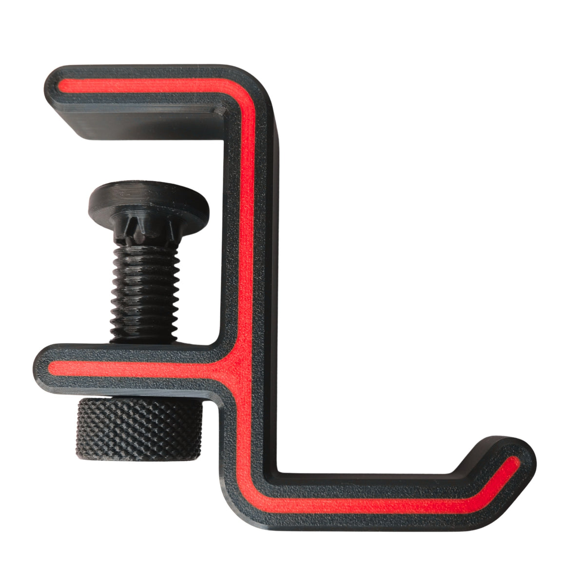 Headphone Hanger with Desk Clamp 3D printed by RU3D – black with red accent