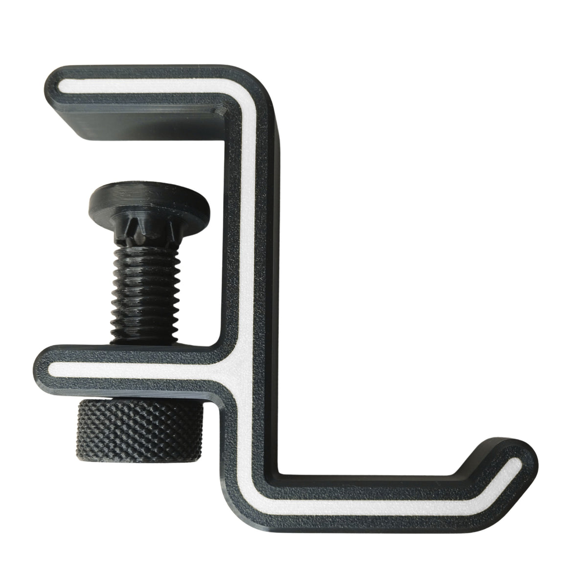 Headphone Hanger with Desk Clamp 3D printed by RU3D – black with white accent