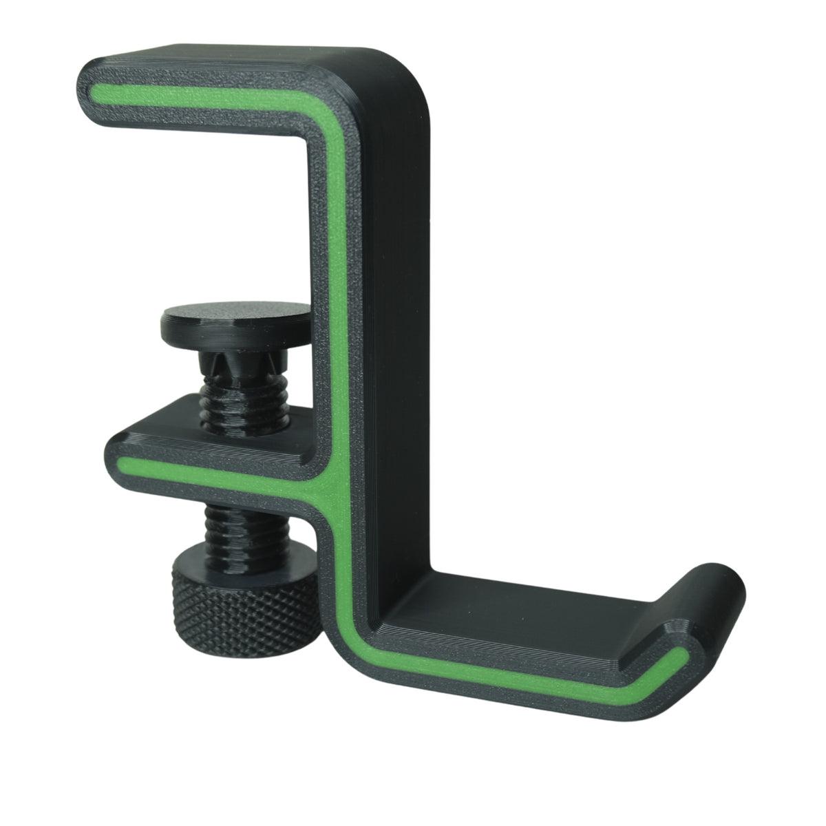 Headphone Hanger with Desk Clamp 3D printed by RU3D – green accent side angle