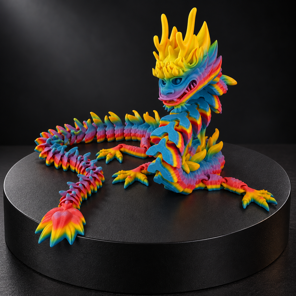 Detailed articulated Imperial Dragon with flexible segmented body displayed on a dark charcoal studio background.