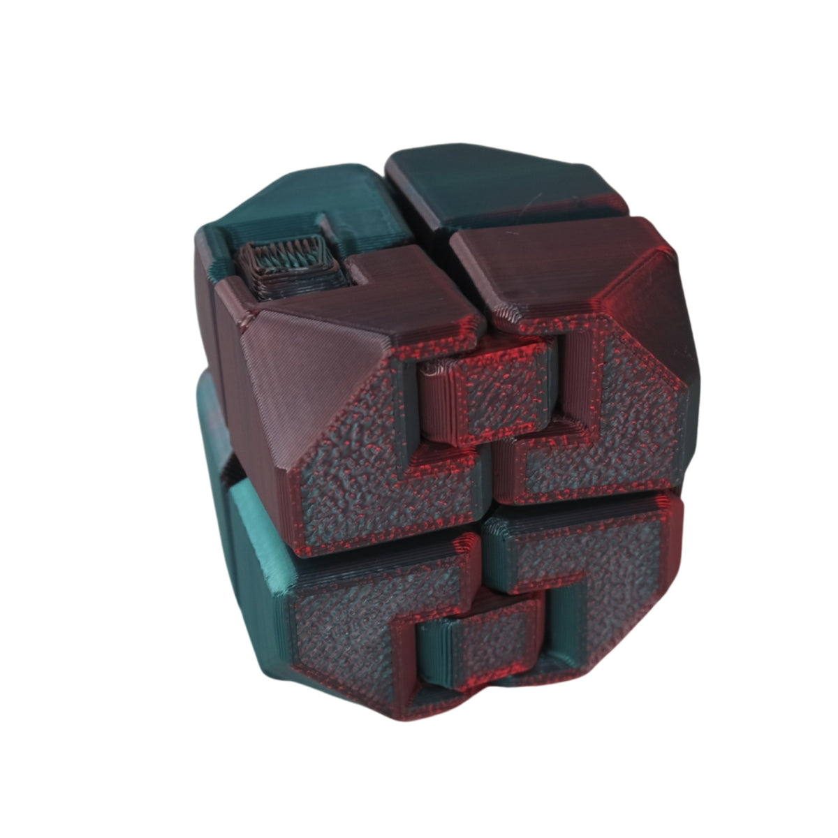 Infinity Cube with Cut-Off Corners 3D printed by RU3D – red and teal silk