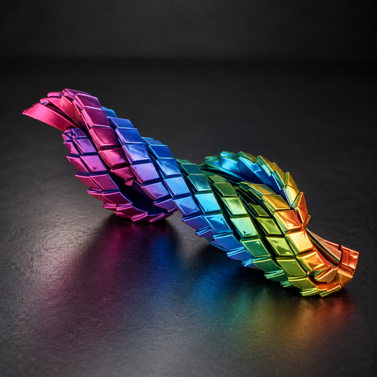 Infinity Runner geometric fidget displayed in a colourful filament finish on a dark charcoal studio background.