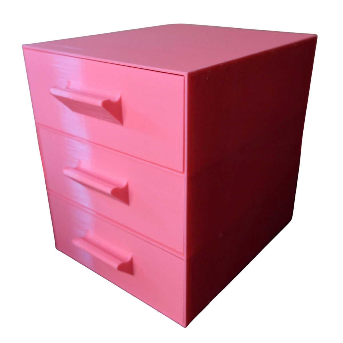 Large pink three-drawer organiser 3D printed by RU3D – angled view