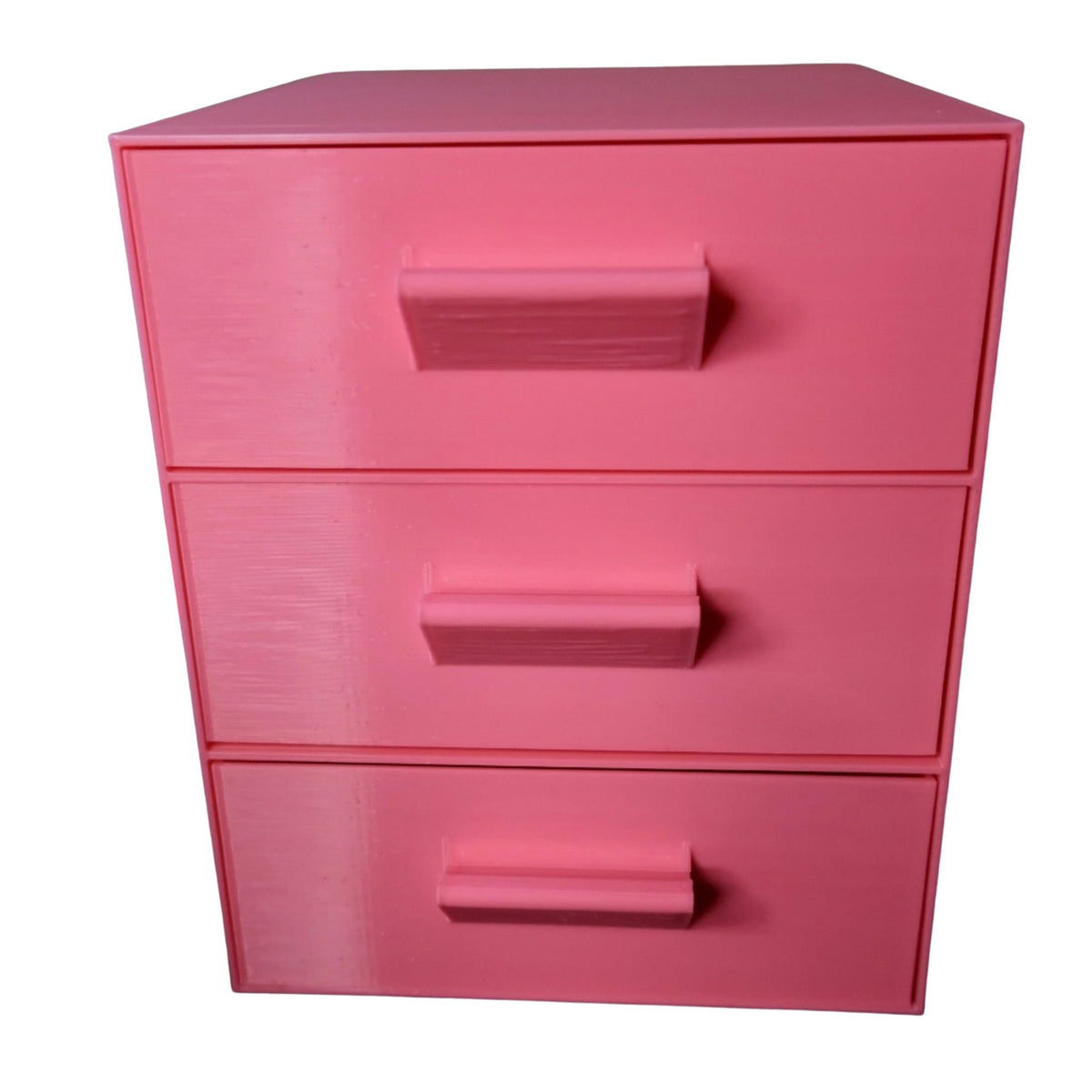 Large pink three-drawer organiser 3D printed by RU3D – front view