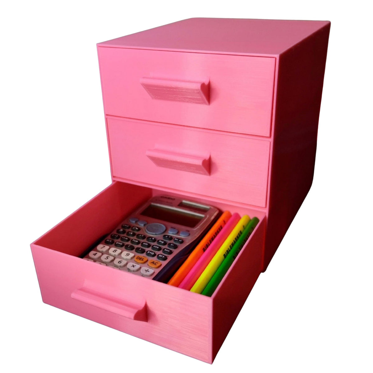 Large pink three-drawer organiser 3D printed by RU3D – drawer open with stationery