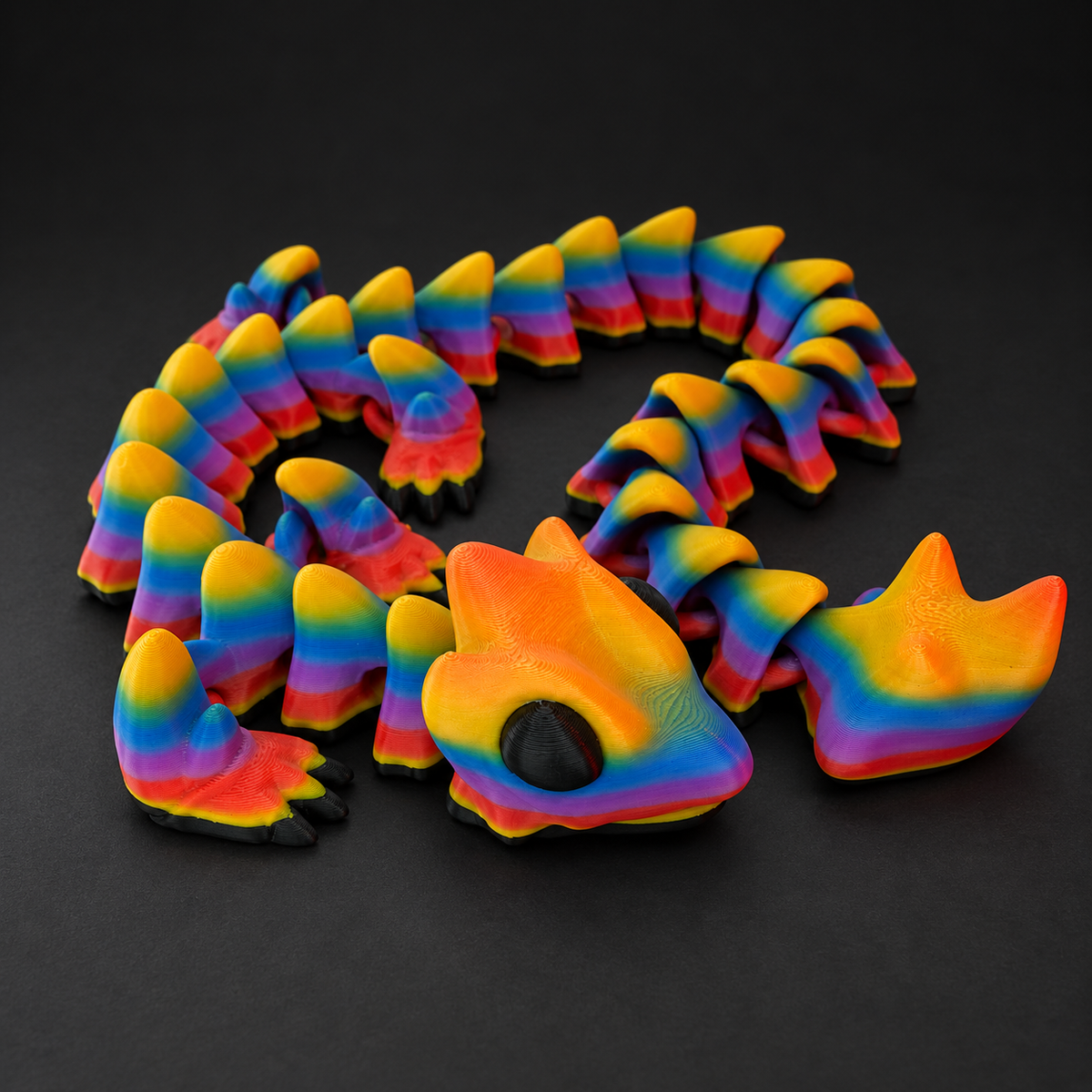 Rainbow articulated lizard with flexible segmented body displayed on a dark charcoal studio background.