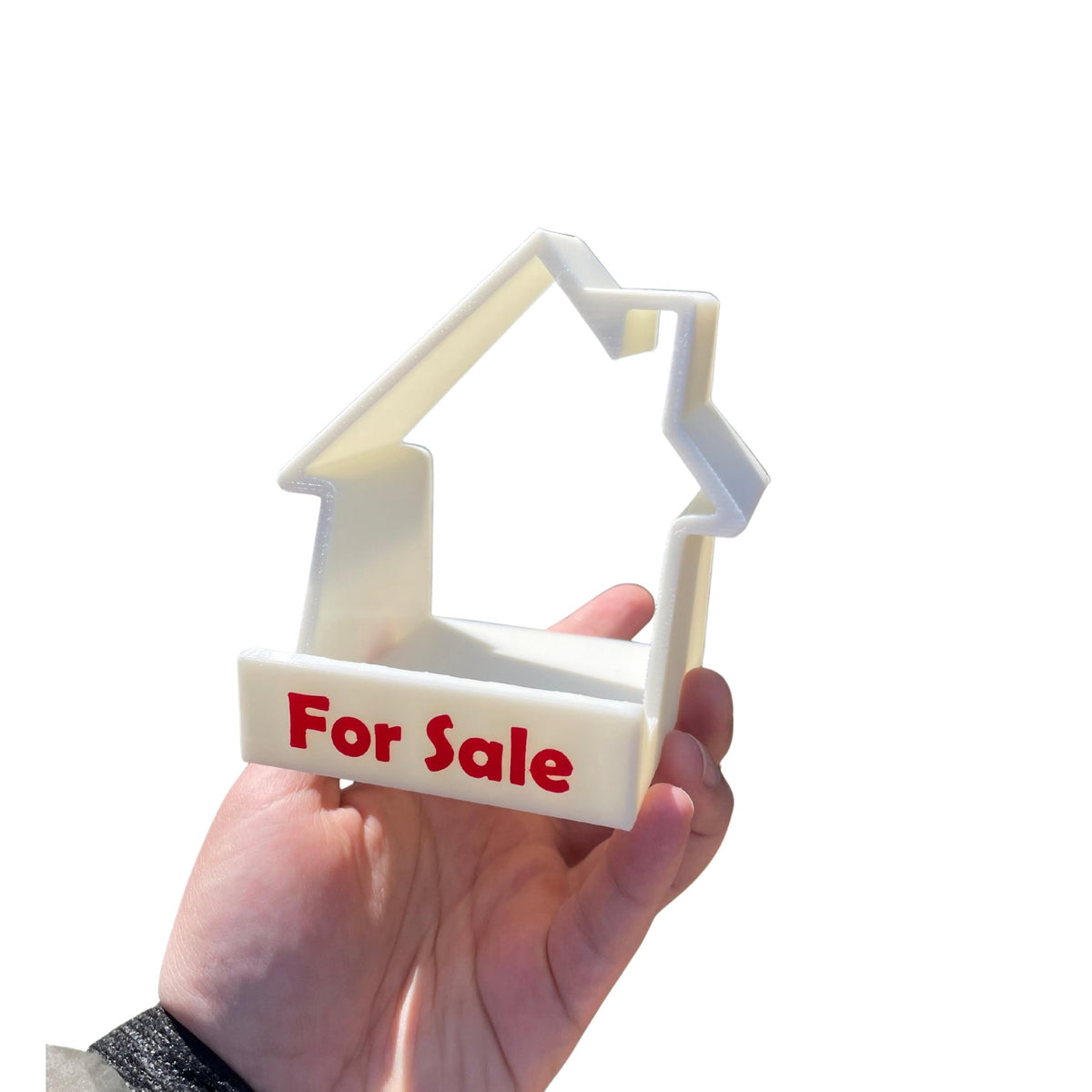 House-shaped For Sale phone and business card stand 3D printed by RU3D – side view