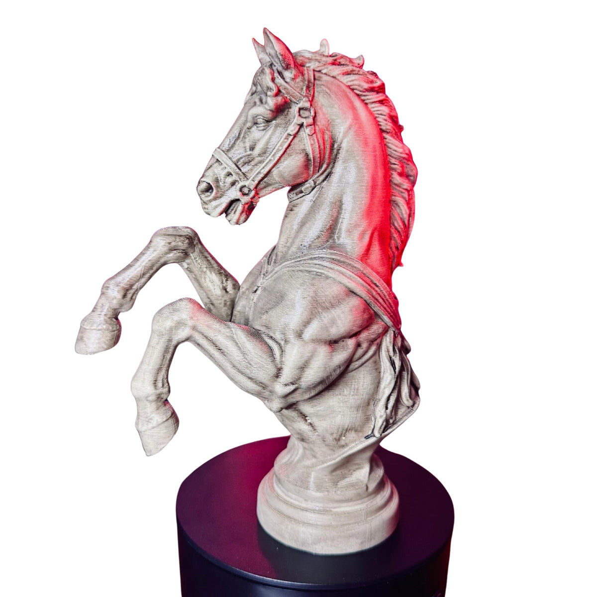Hand-painted rearing horse bust by RU3D on a display stand