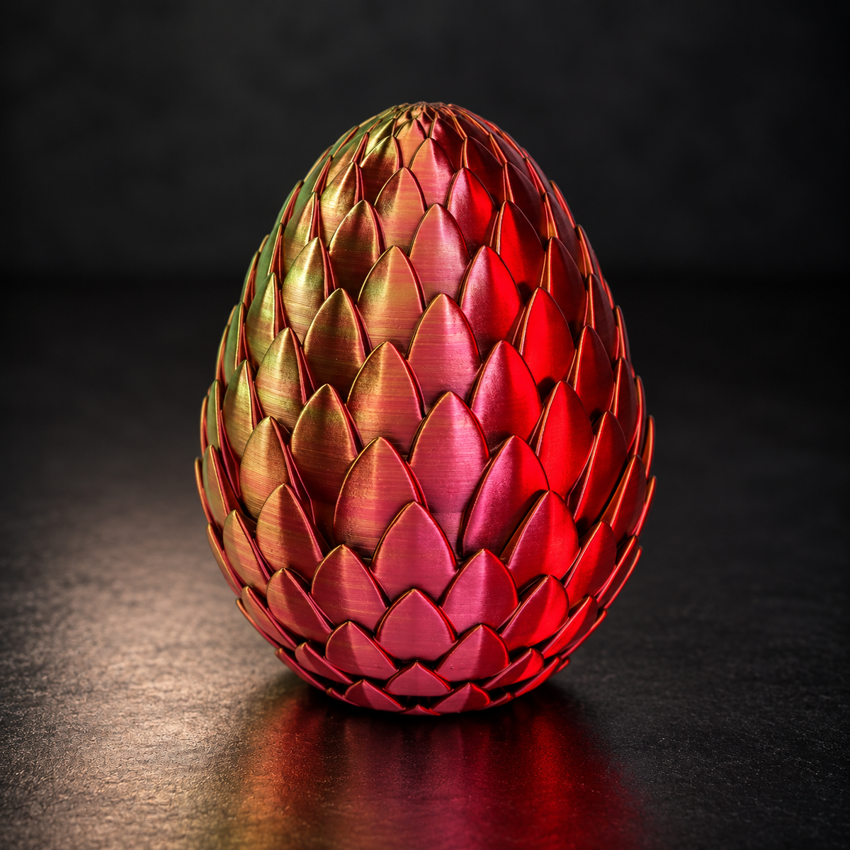 Scaled Reptile Egg in a multicolour filament finish displayed on a dark charcoal studio background.