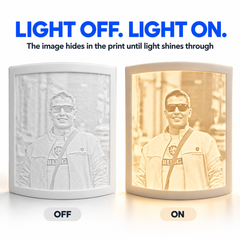 The same 3D photo lithophane with the light off showing white relief, and light on revealing the photo