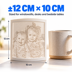 3D photo lithophane measuring about 12 cm high and 10 cm wide, shown next to a coffee mug for scale