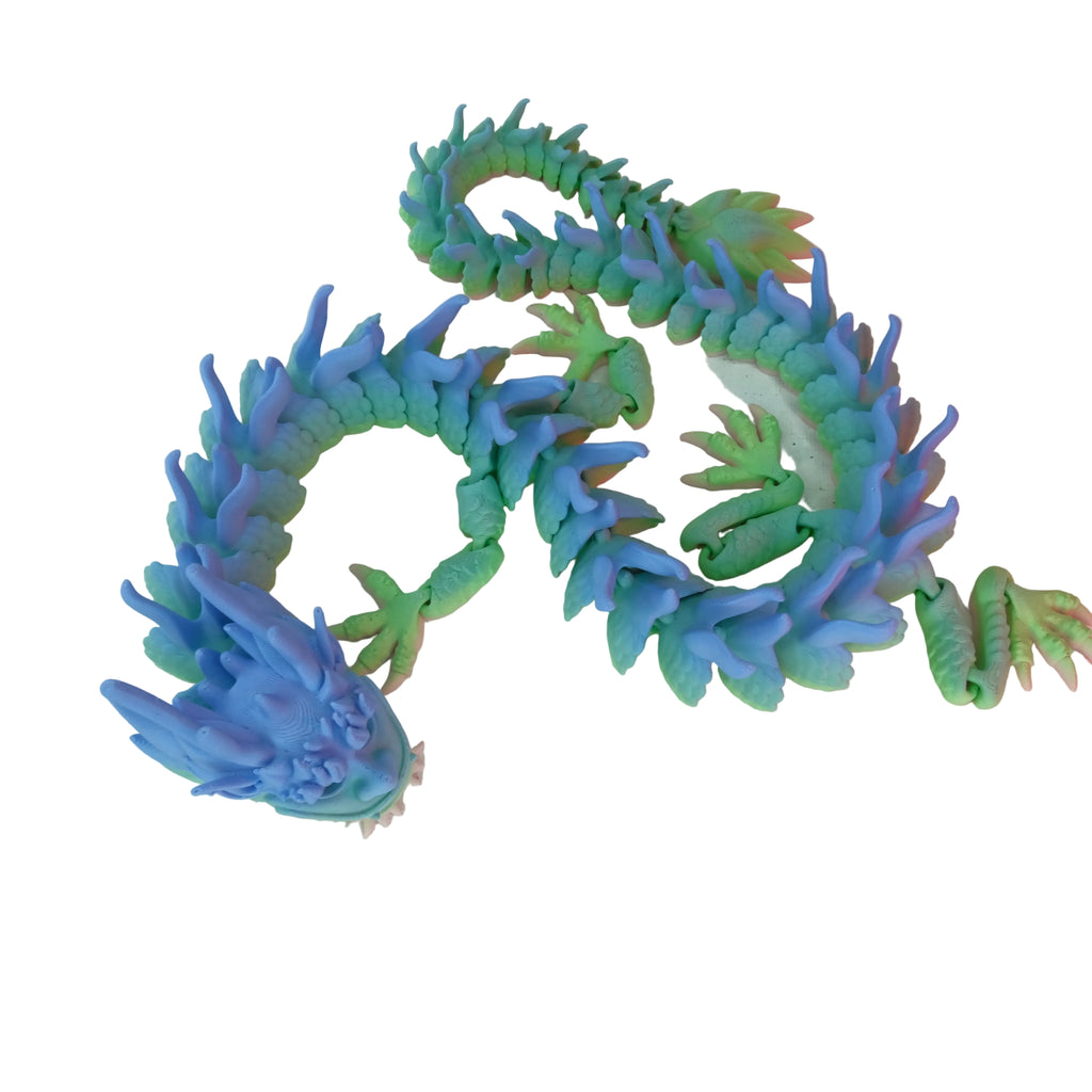 A multicolour dragon figurine with smooth surfaces and articulated joints allowing for movement and posing.