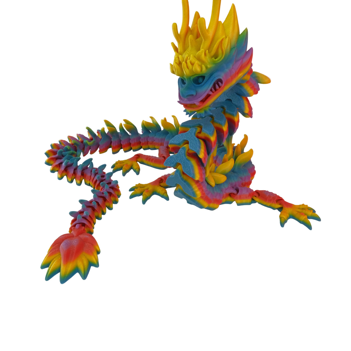 A multicolour dragon figurine with a smooth finish, featuring a long body, articulated segments, and a vibrant, detailed design.