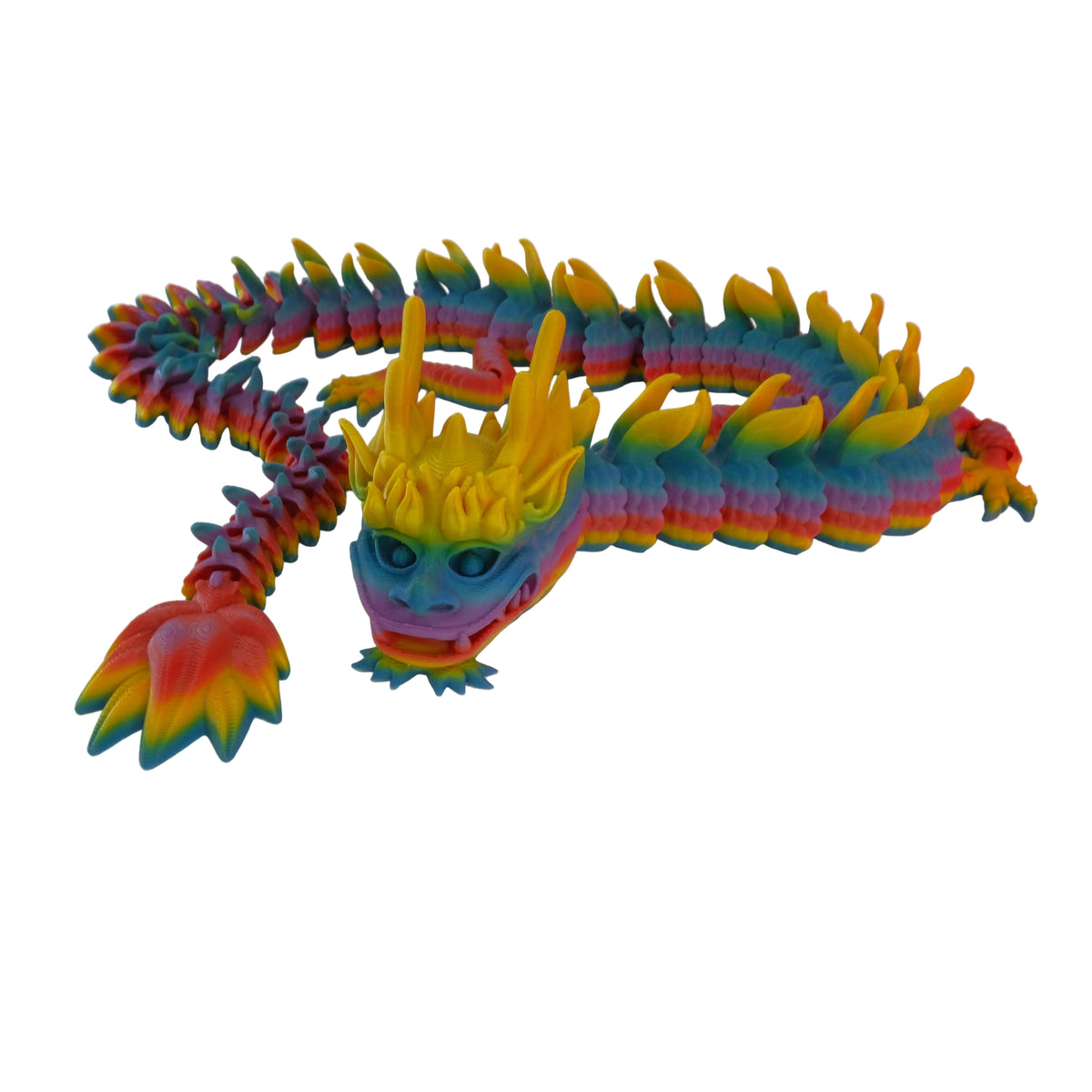 A colorful dragon figurine with a long body, smooth surface, and articulated segments, featuring a vibrant mane and tail.