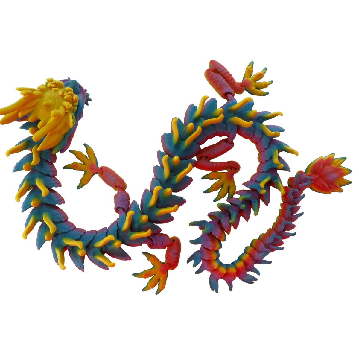 A multicoloured dragon figurine with smooth surfaces and articulated joints, featuring yellow, red, and blue colors in an organic design.