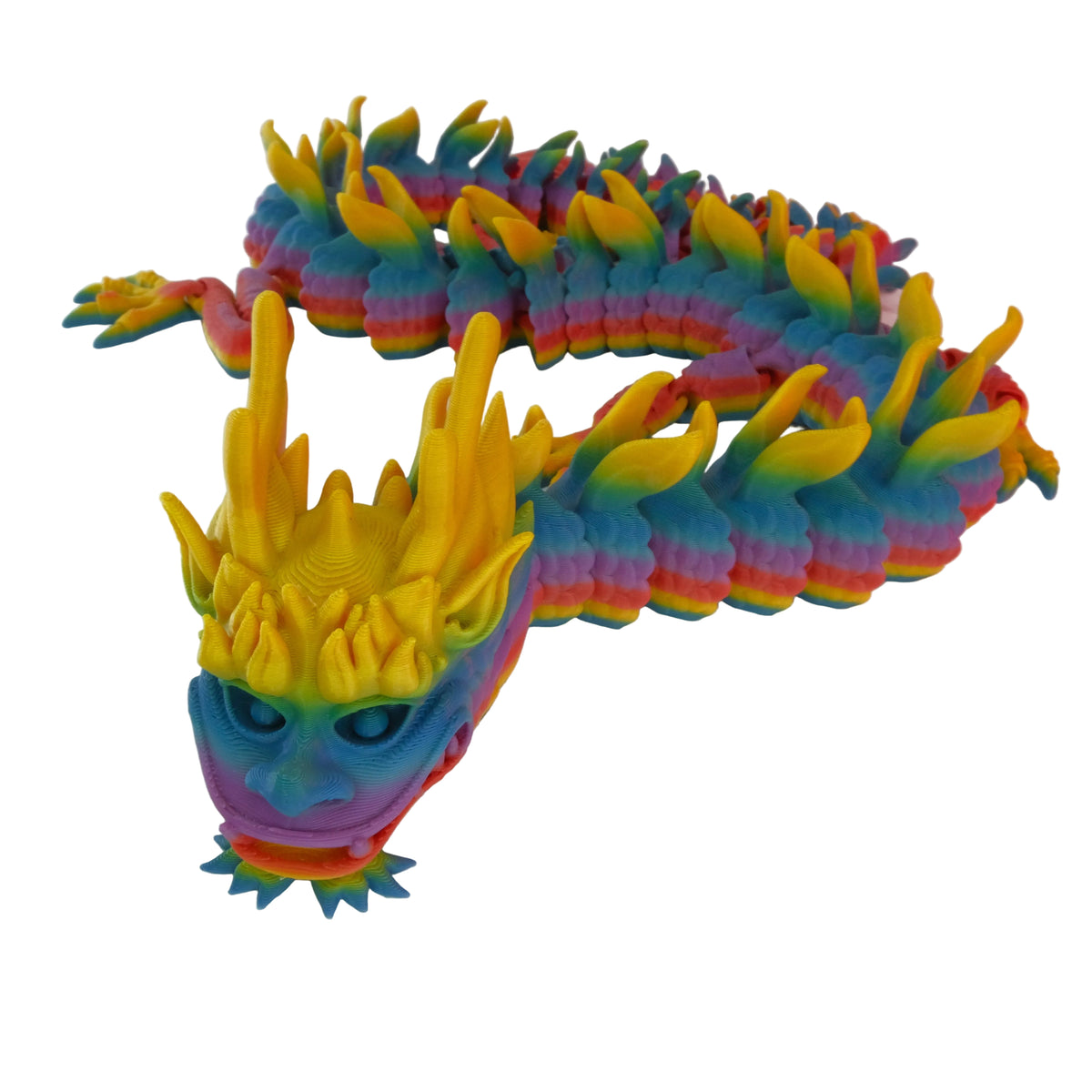 A multicoloured dragon figurine with intricate scales and vibrant spikes along its back, featuring a prominent head with detailed facial features.