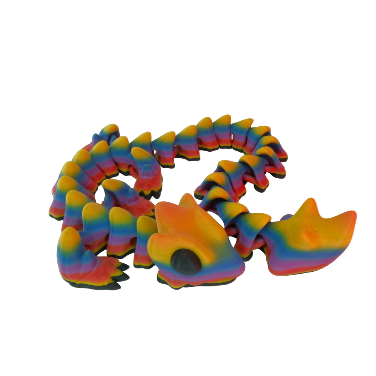 A multicoloured articulated chameleon figure with a smooth finish, featuring vibrant rainbow hues.