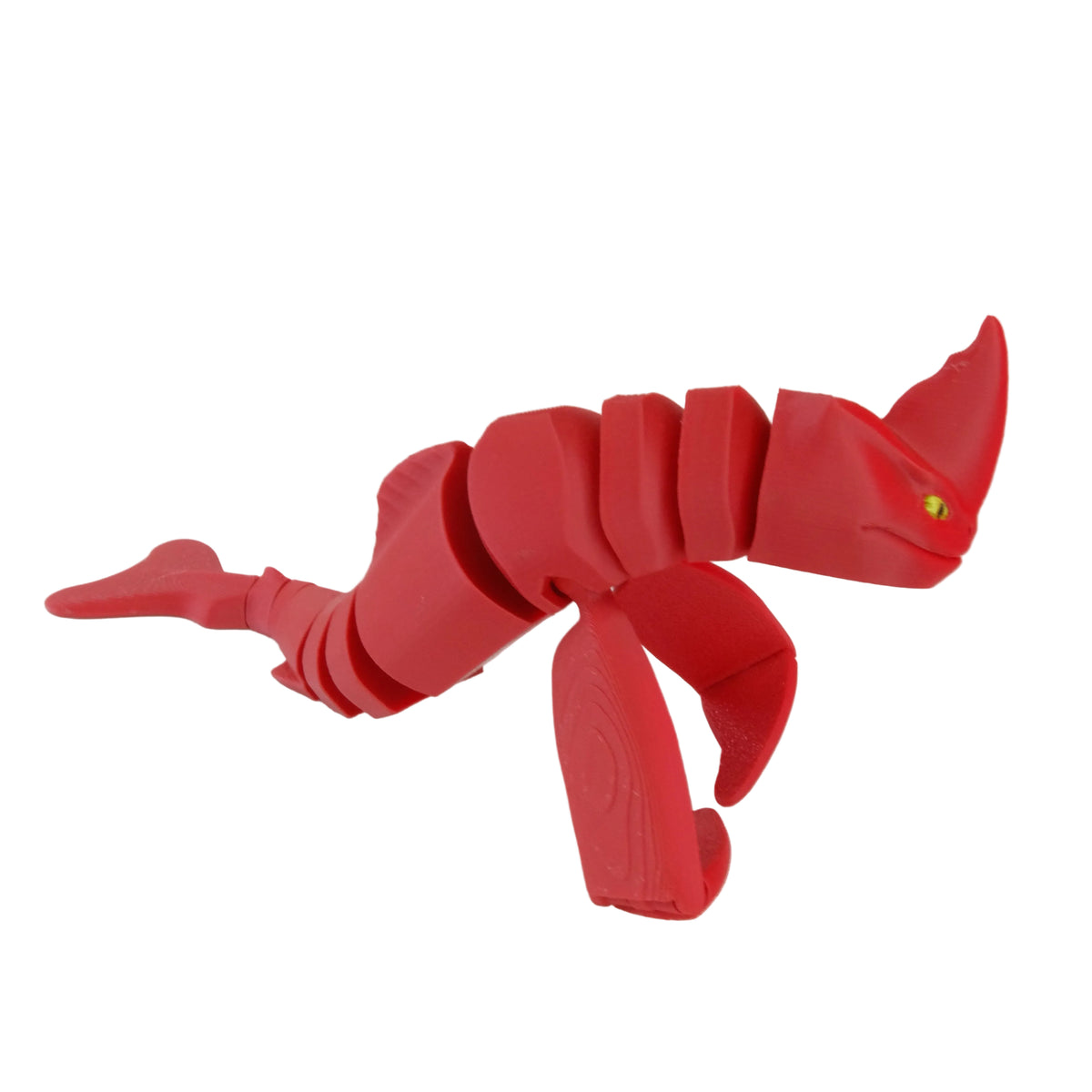 A red articulated crab figurine with segmented joints that allow movement in its legs and claws.