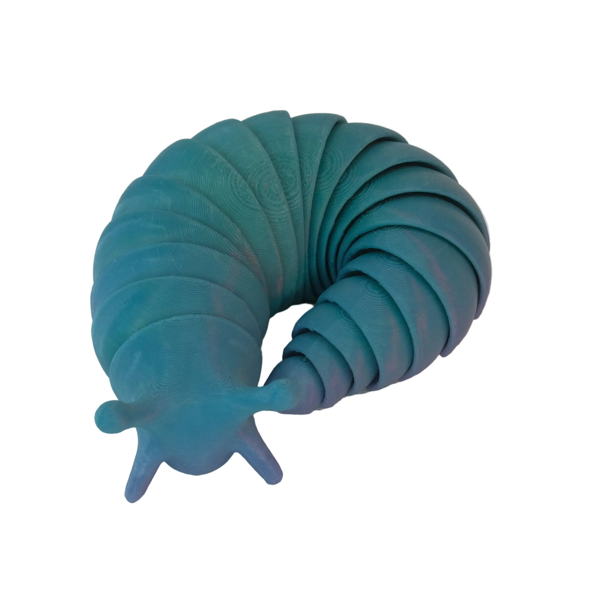 A blue, organic-shaped toy resembling a slug with flexible segments and a smooth finish, resting on a white background.