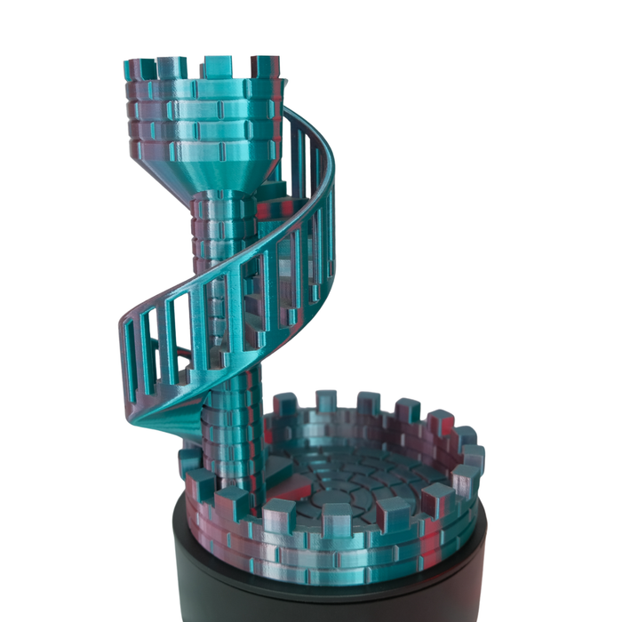 3D printed Spiral Staircase Dice Tower viewed from an alternate angle against a dark studio background.