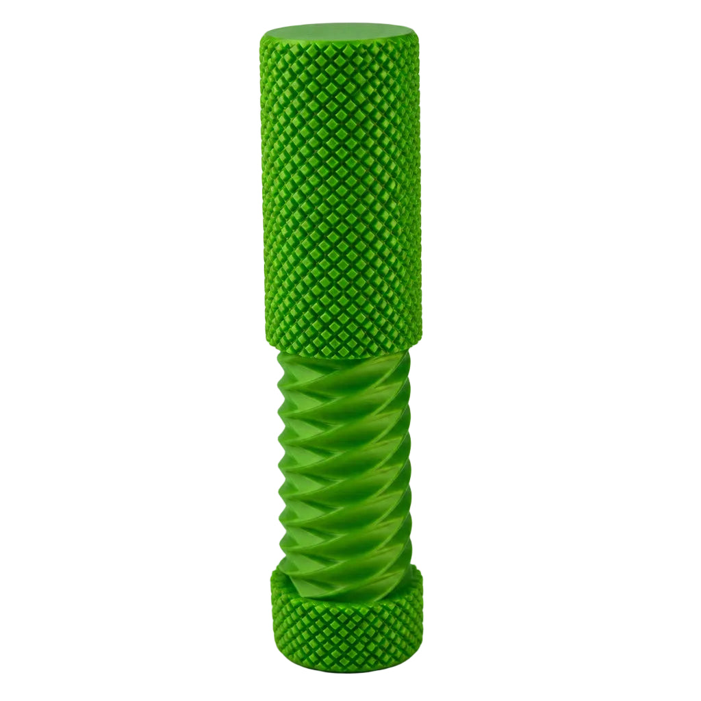 A green textured tool with a knurled grip and a spiraled body, designed to be held in hand.