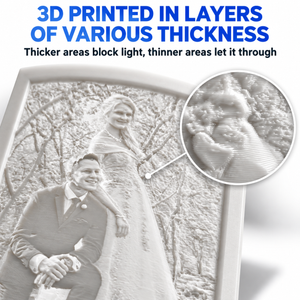 Close-up of a 3D printed wedding lithophane showing the fine layers and varying thickness that create the image