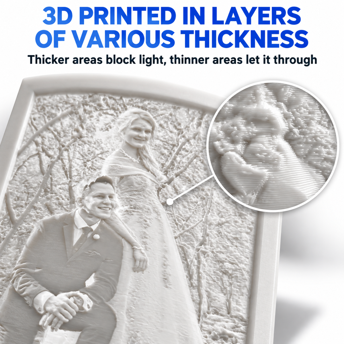 Close-up of a 3D printed wedding lithophane showing the fine layers and varying thickness that create the image