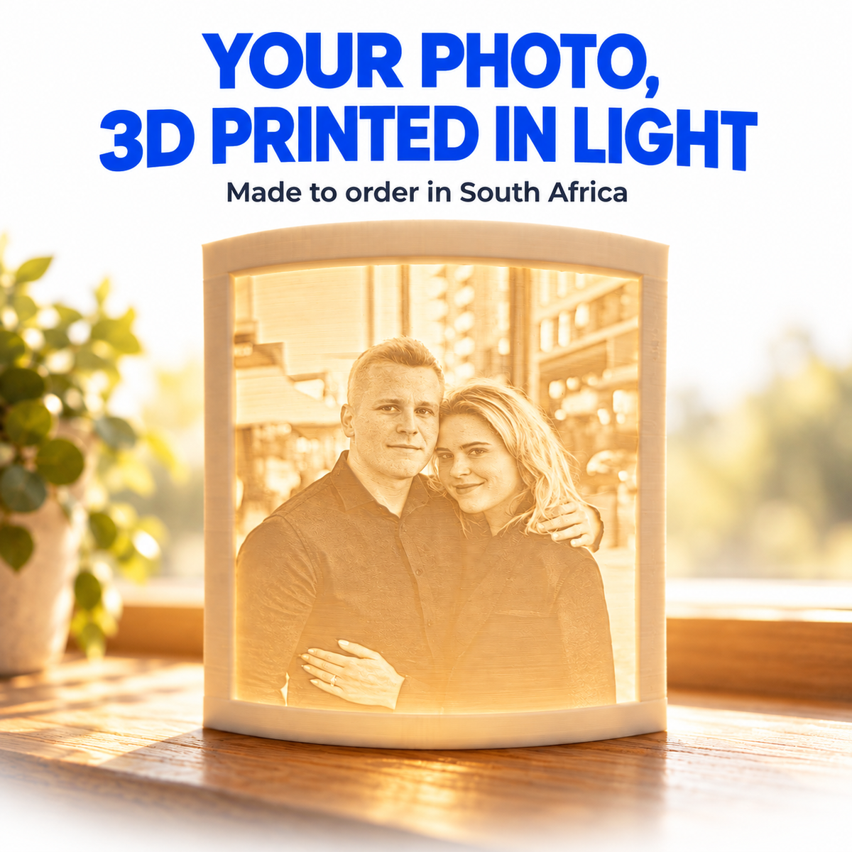 Personalised 3D photo lithophane of a couple glowing in warm light on a windowsill – made to order in South Africa by RU3D