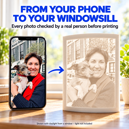 Personalised 3D photo lithophane by RU3D showing a customer's original phone photo of a woman holding her dog transformed into a 3D printed keepsake.