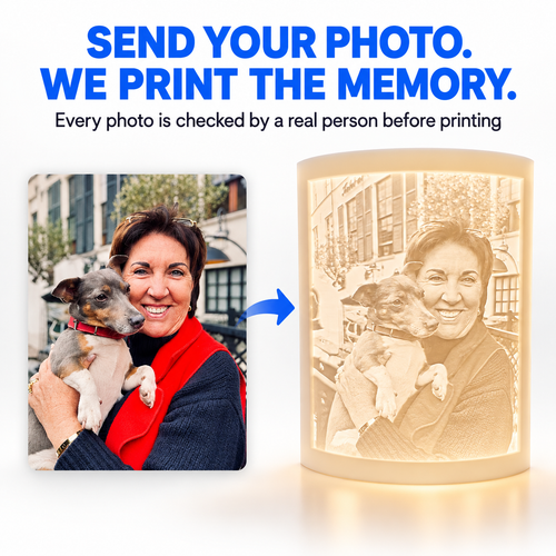 Before and after: a woman holding her dog in a colour photo, turned into a 3D printed lithophane by RU3D