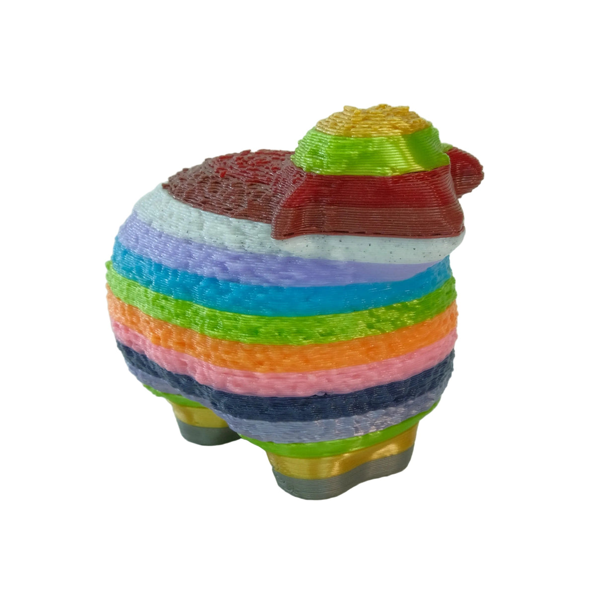 A multicoloured sheep figurine with stripes in various bright colors and a glossy finish, seen from the side.