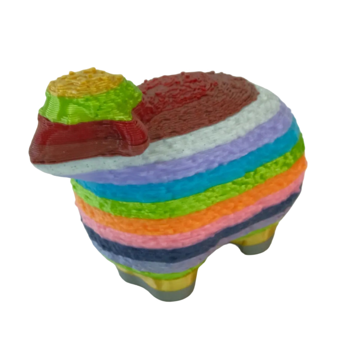 A colorful striped sheep figurine with a glossy finish featuring multiple vibrant colors.