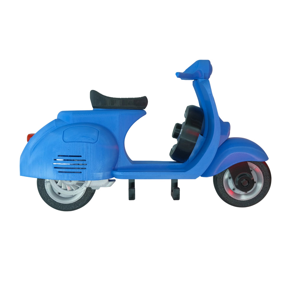 A toy scooter in blue with a black seat, featuring white wheels and a black round detail on the side.