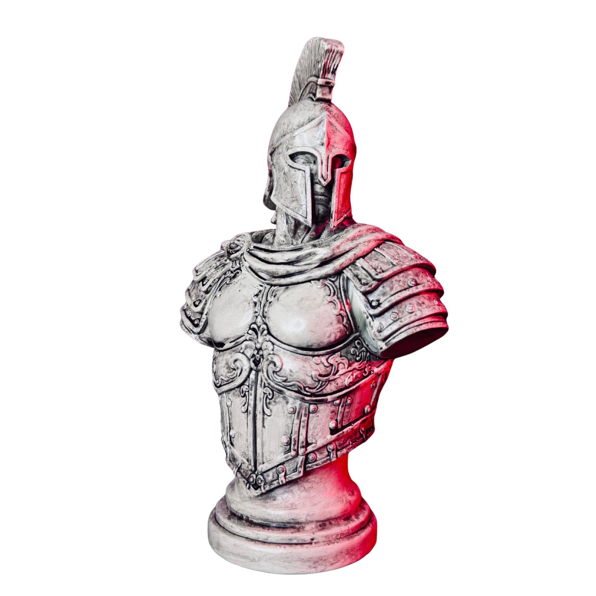 Spartan warrior bust in armour, resin 3D printed and hand-painted with a weathered stone finish by RU3D – front view