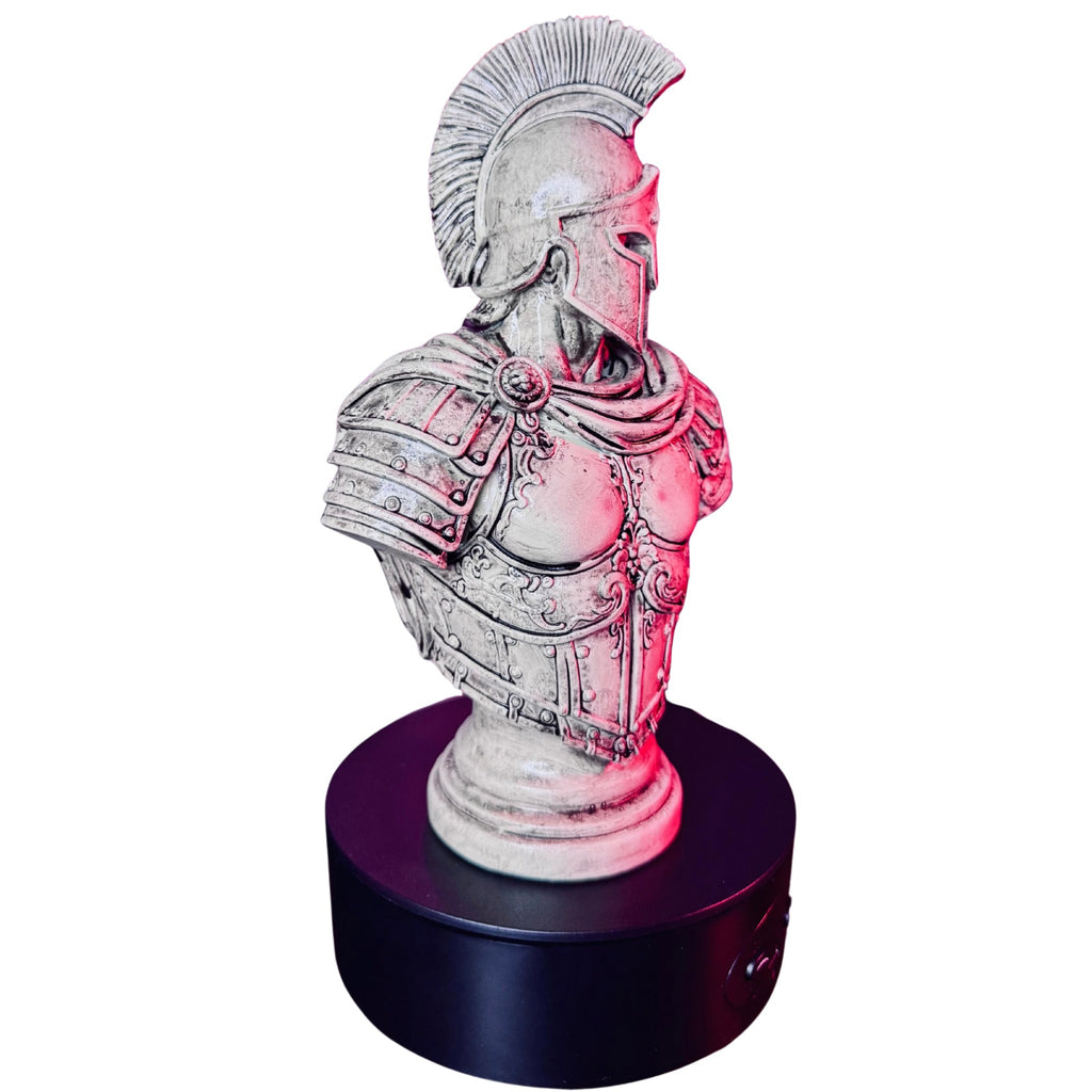 Hand-painted armoured Spartan bust by RU3D, three-quarter view showing the helmet crest and armour detail