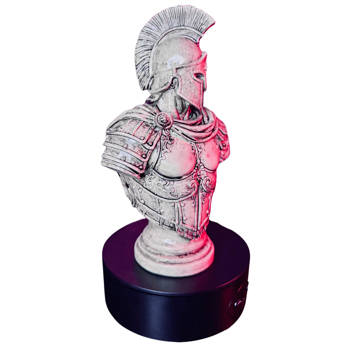 Hand-painted armoured Spartan bust by RU3D, three-quarter view showing the helmet crest and armour detail