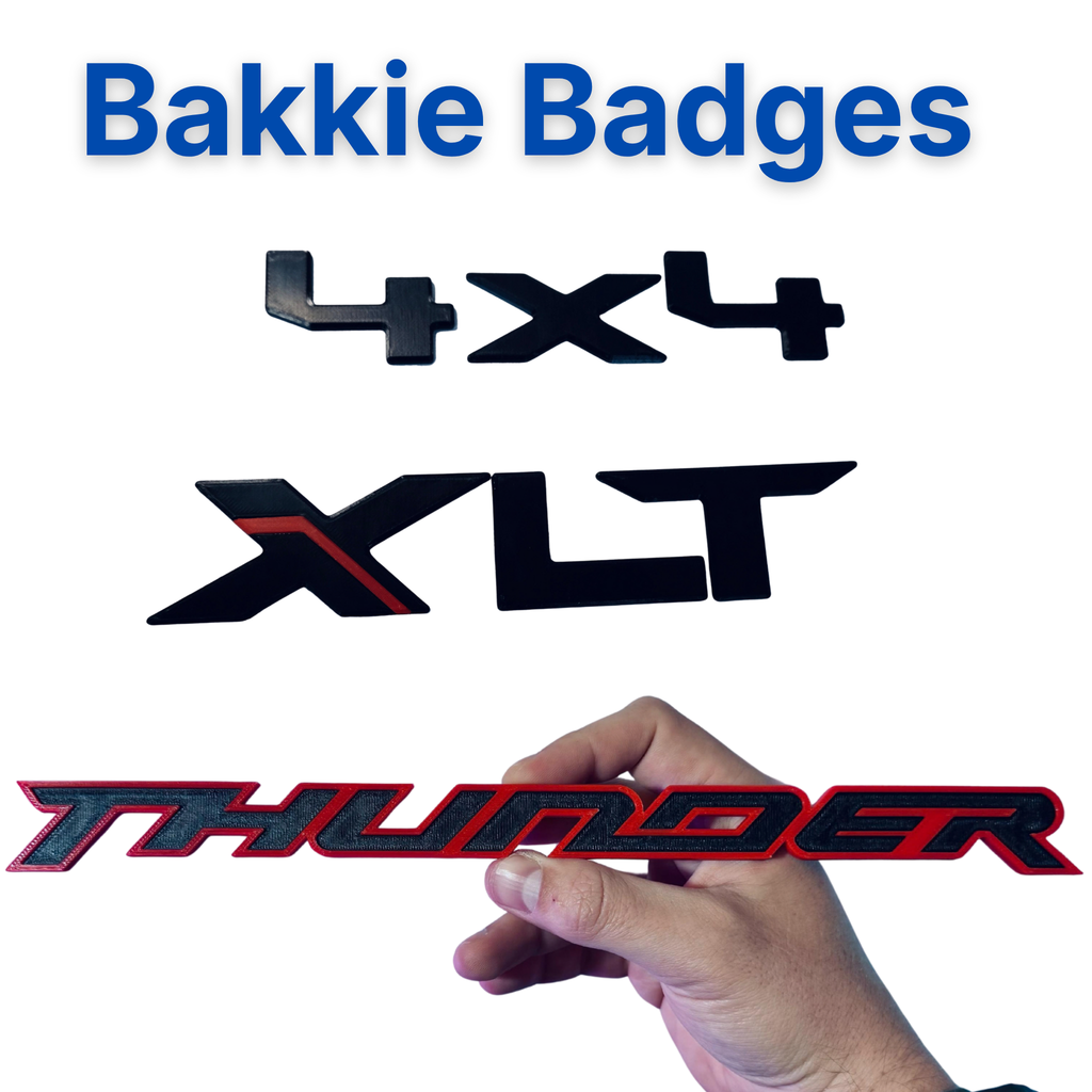 3D printed bakkie badges by RU3D – 4x4, XLT and Thunder lettering