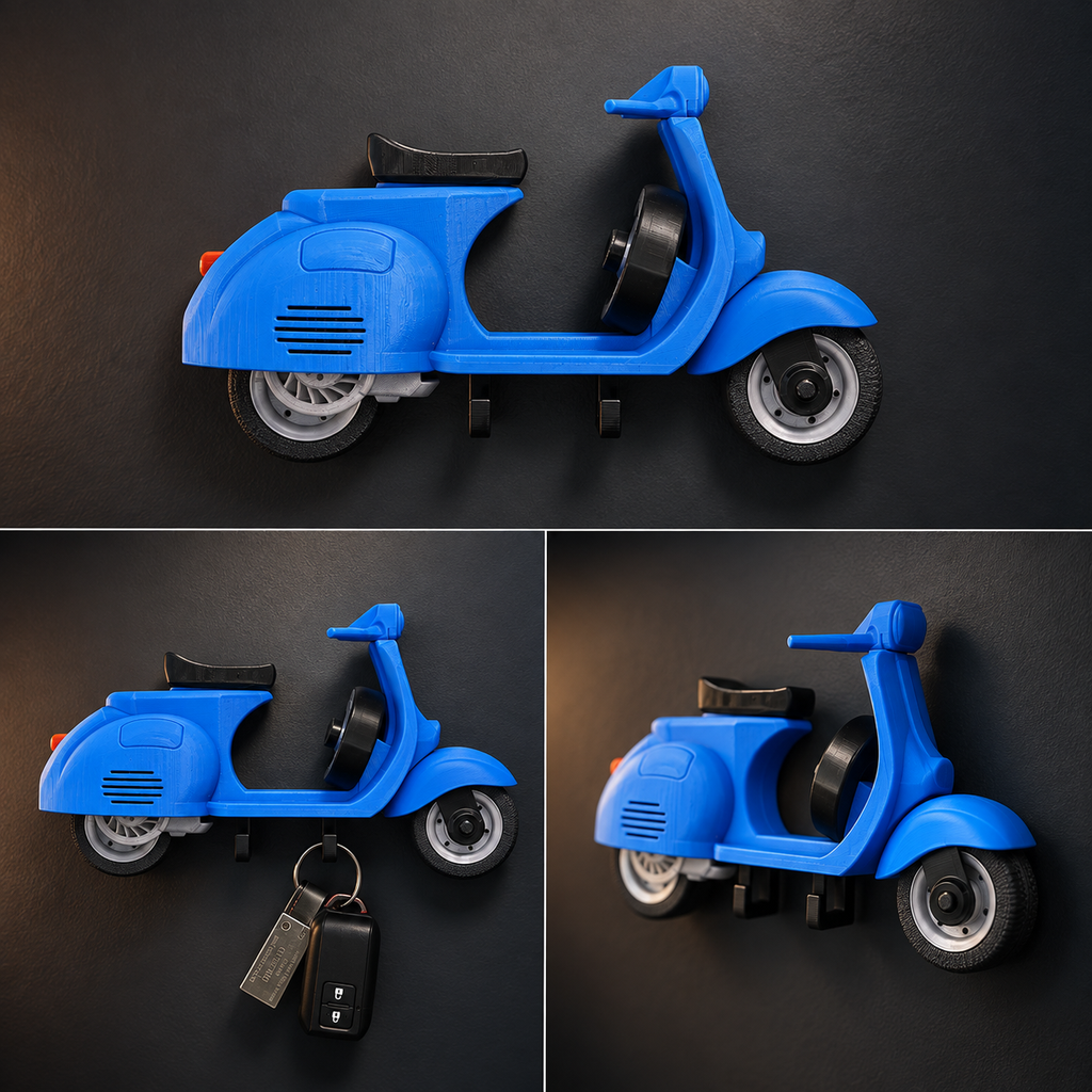 Wall-mounted scooter key organiser holding two sets of keys.
