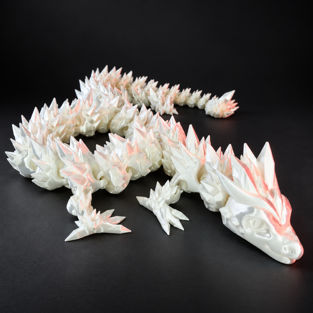 White Ice Dragon with articulated segmented body displayed on a dark charcoal studio background.